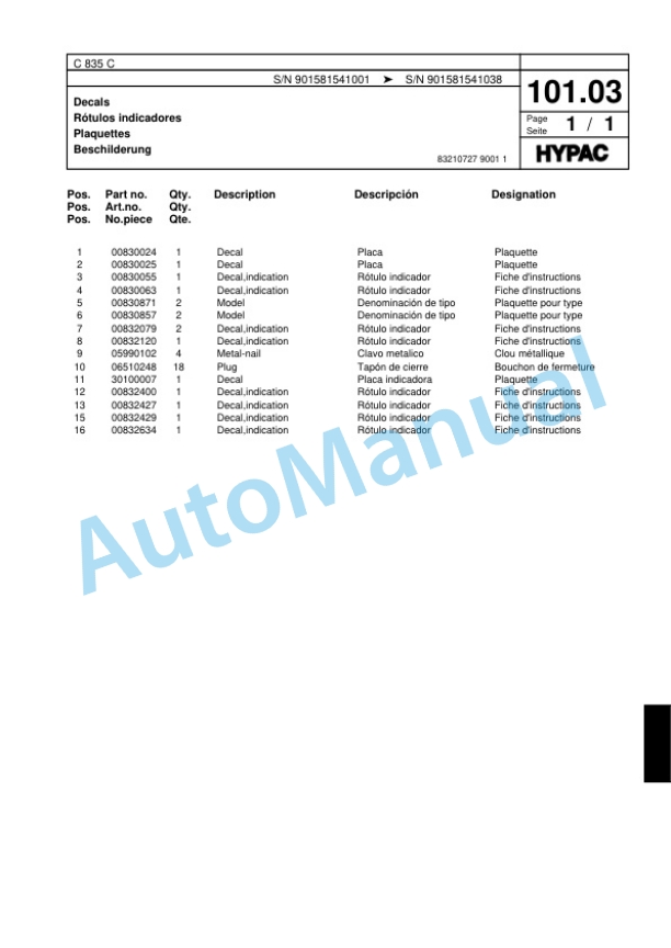 Hypac C 835 C Single Drum Wheel Drive Vibratory Roller Spare Parts Catalogue 00817865-3