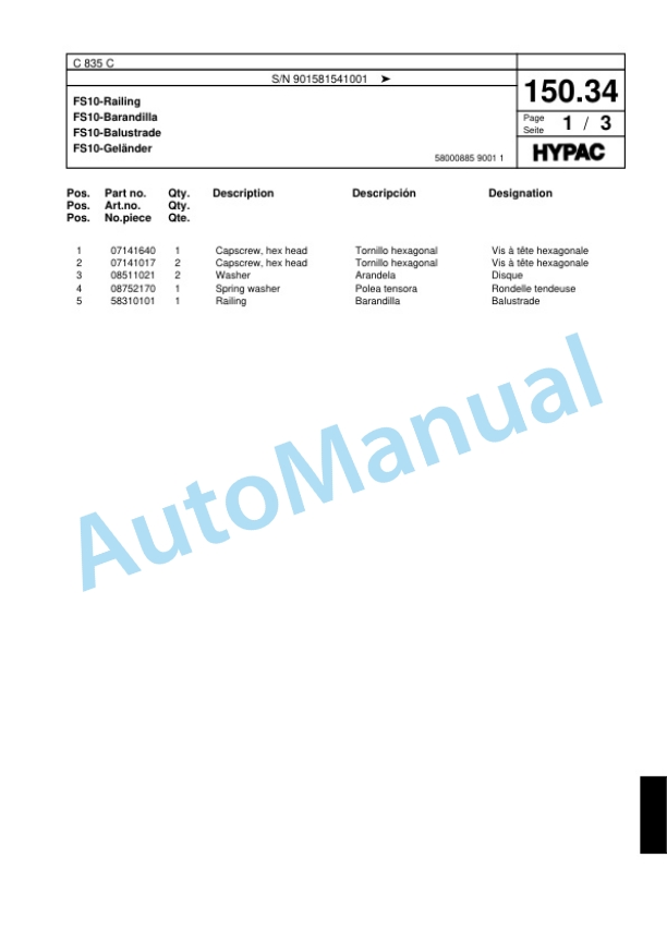 Hypac C 835 C Single Drum Wheel Drive Vibratory Roller Spare Parts Catalogue 00817865-5