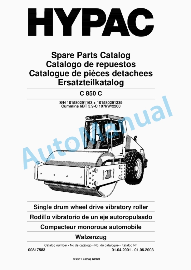 Hypac C 850 C Single Drum Wheel Drive Vibratory Roller Spare Parts Catalogue 00817583