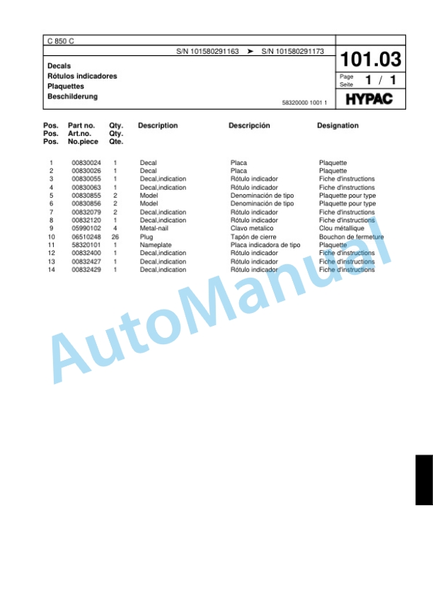 Hypac C 850 C Single Drum Wheel Drive Vibratory Roller Spare Parts Catalogue 00817583 3 Hypac C 850 C Single Drum Wheel Drive Vibratory Roller Spare Parts Catalogue 00817583-3