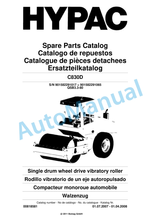 Hypac C830D Single Drum Wheel Drive Vibratory Roller Spare Parts Catalogue 00818581