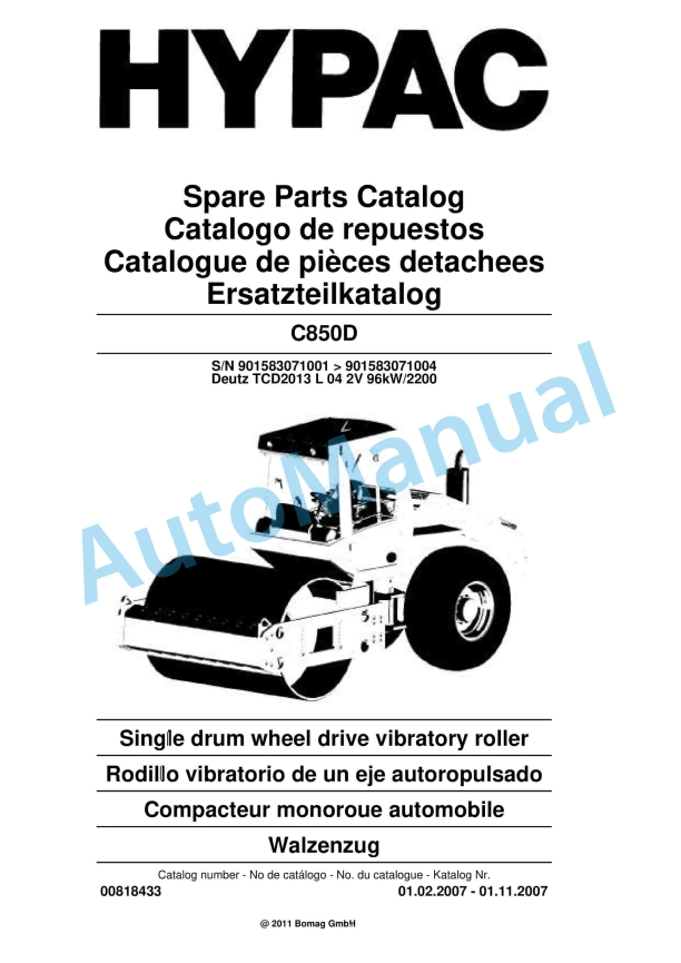 Hypac C850D Single Drum Wheel Drive Vibratory Roller Spare Parts Catalogue 00818433