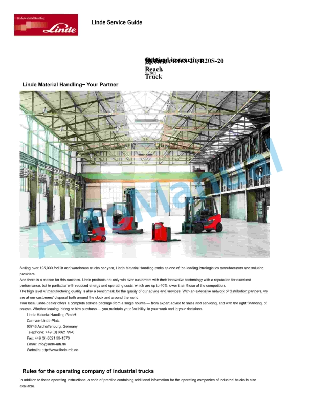 Linde 1124-01 - R14S-20, R16S-20, R16SHD-20, R20S-20 Production site XM2 Operating Instructions SN C21124Y00001 and up
