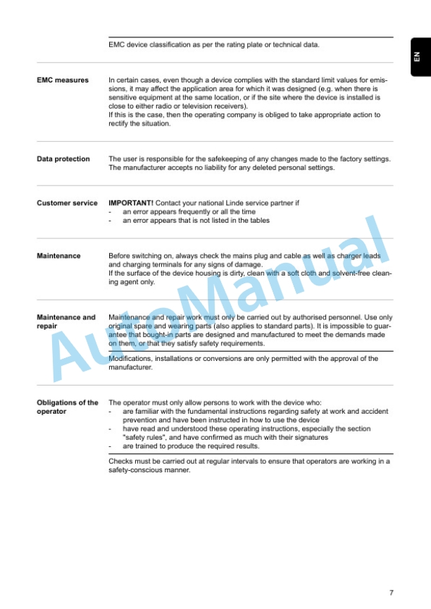 Linde 1151-01 - T16, T16P, T20, T20P Production site Xiamen Operating Instructions SN 07.11 and up 5 Linde 1151-01 - T16, T16P, T20, T20P Production site Xiamen Operating Instructions SN 07.11 and up - Image 5