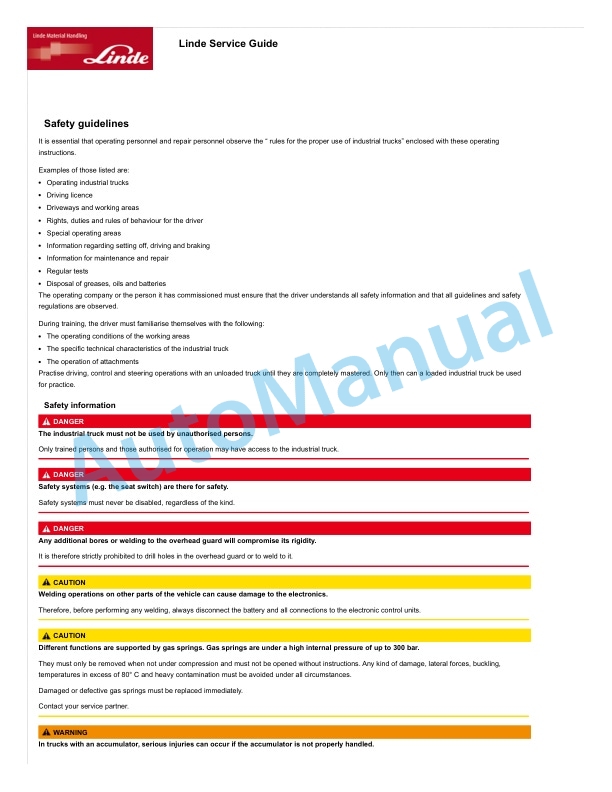 Linde 1411-01 - HT100, HT120, HT140, HT150, HT160 Operating Instructions 3 Linde 1411-01 - HT100, HT120, HT140, HT150, HT160 Operating Instructions - Image 3