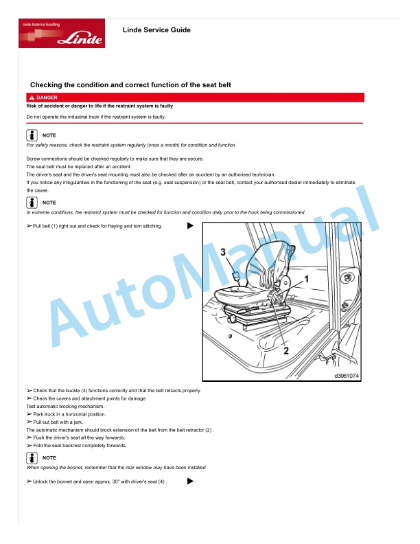 Linde 396-01 - H50D, H50T, H60D, H60T, H70D, H70T, H80D, H80T Operating Instructions SN 04.08 and up SN up to 02.14 4 Linde 396-01 - H50D, H50T, H60D, H60T, H70D, H70T, H80D, H80T Operating Instructions SN 04.08 and up SN up to 02.14 - Image 4
