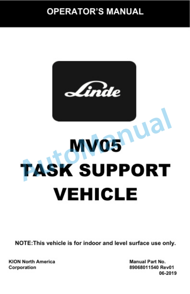 Linde 8906-01 - MV05 Operating Instructions SN AT8906V00001 and up 2 Linde 8906-01 - MV05 Operating Instructions SN AT8906V00001 and up-2