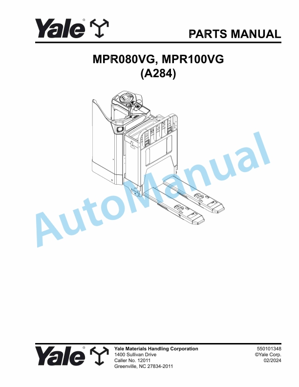 Yale A284 MPR080VG, MPR100VG Parts Manual 550101348