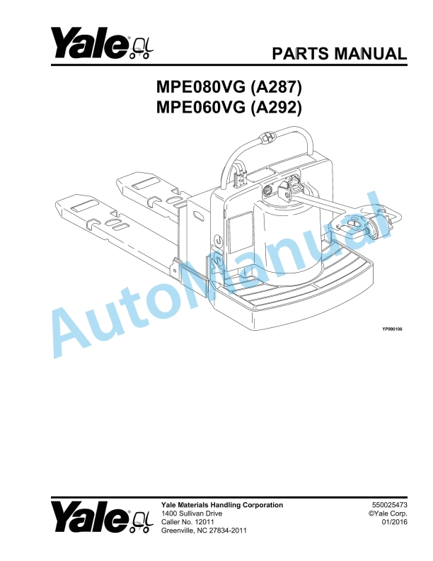 Yale A287 - A292 MPE080VG, MPE060VG Parts Manual 550025473