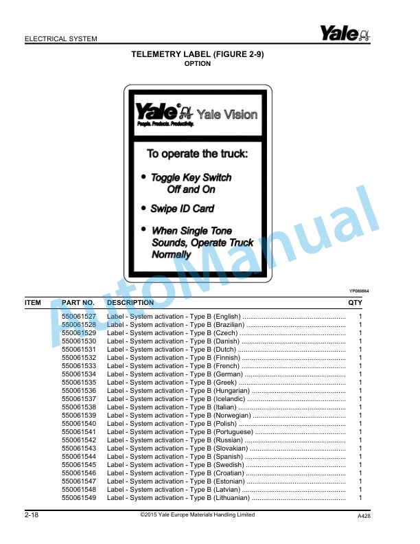 Alternative view of Yale A428 MP16E, MP18E, MP20E, MP22E Parts Manual 550112521