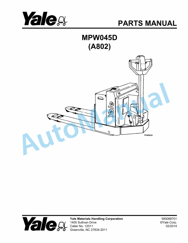 Yale A802 MPW045D Parts Manual 585088701