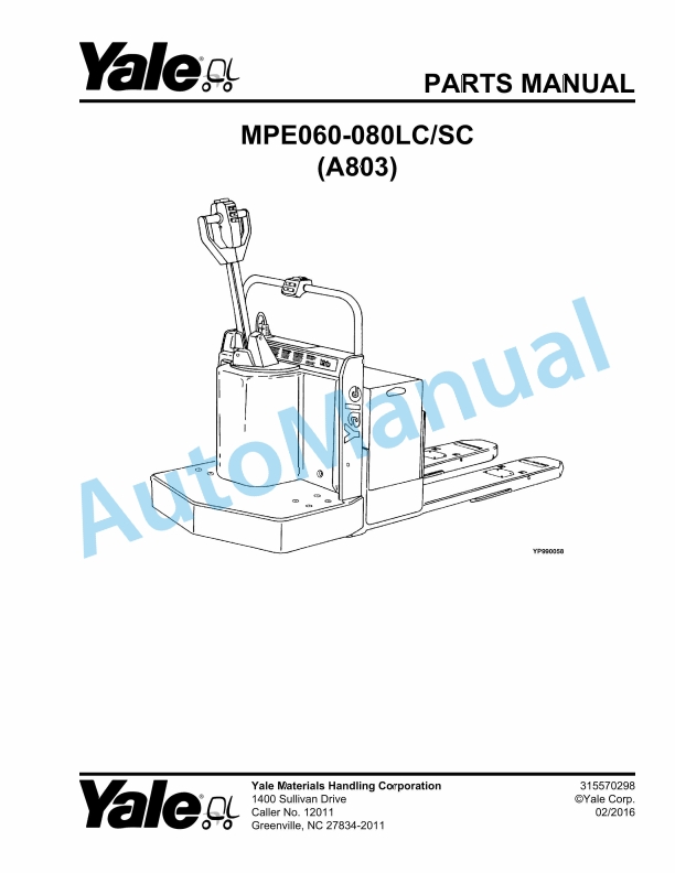 Yale A803 MPE060-080LC-SC Parts Manual 315570298