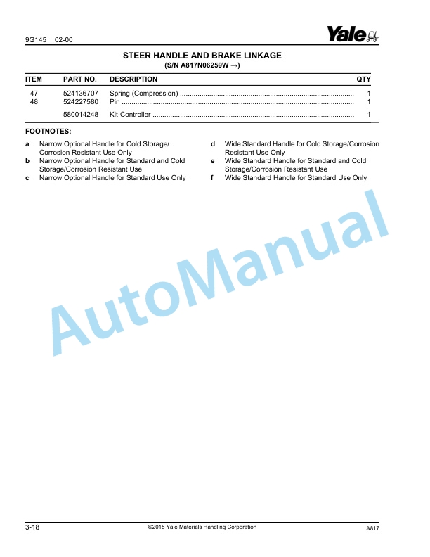 Yale A817 MTR700 700 LB. Draw Bar Pull Parts Manual 215750194 3 Yale A817 MTR700 700 LB. Draw Bar Pull Parts Manual 215750194 - Image 3