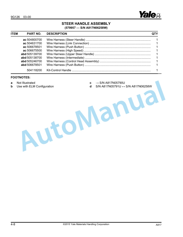 Yale A817 MTR700 700 LB. Draw Bar Pull Parts Manual 215750194 4 Yale A817 MTR700 700 LB. Draw Bar Pull Parts Manual 215750194 - Image 4