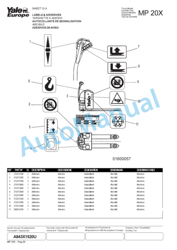 Yale A843 MP20X Parts Manual 272355200 5 Yale A843 MP20X Parts Manual 272355200-5