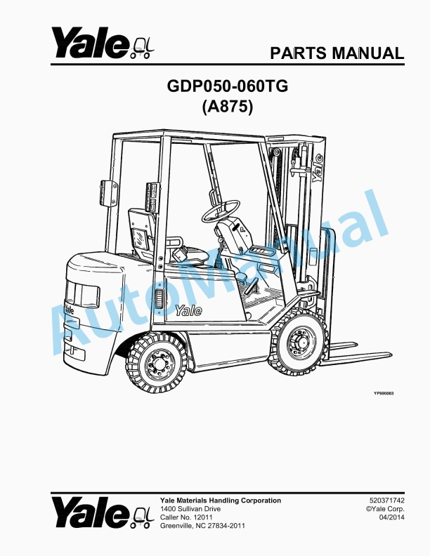 Yale A875 GDP-GLP20-30RF-TF Parts Manual 524157798 DE