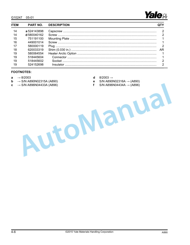 Yale A890 - A896 MPE080E, MPE060E Parts Manual 524142761 2 Yale A890 - A896 MPE080E, MPE060E Parts Manual 524142761 - Image 2