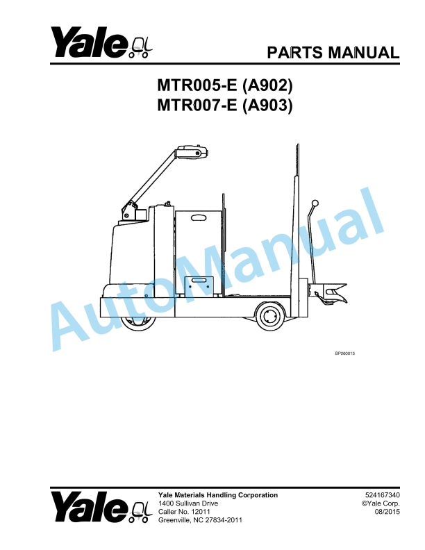 Yale A902 - A903 MTR005-E, MTR007-E Parts Manual 524167340 1 Yale A902 - A903 MTR005-E, MTR007-E Parts Manual 524167340