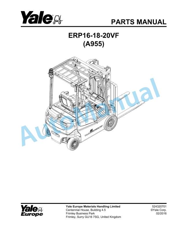 Yale A955 ERP16-18-20VF Parts Manual 524320701 1 Yale A955 ERP16-18-20VF Parts Manual 524320701
