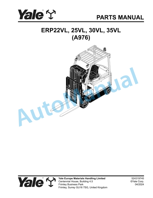 Yale A976 ERP22VL, 25VL, 30VL, 35VL Parts Manual 524319745 1 Yale A976 ERP22VL, 25VL, 30VL, 35VL Parts Manual 524319745