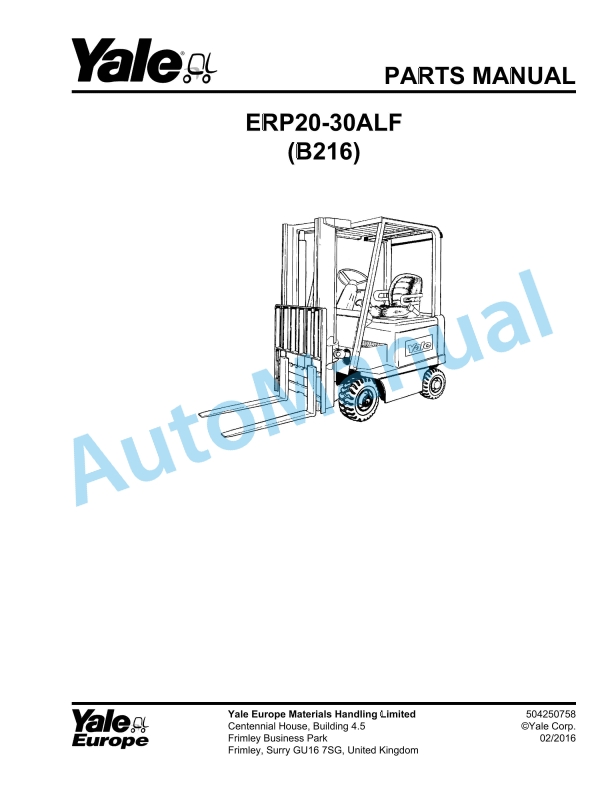 Yale B216 ERP20-30ALF Parts Manual 504250758 1 Yale B216 ERP20-30ALF Parts Manual 504250758