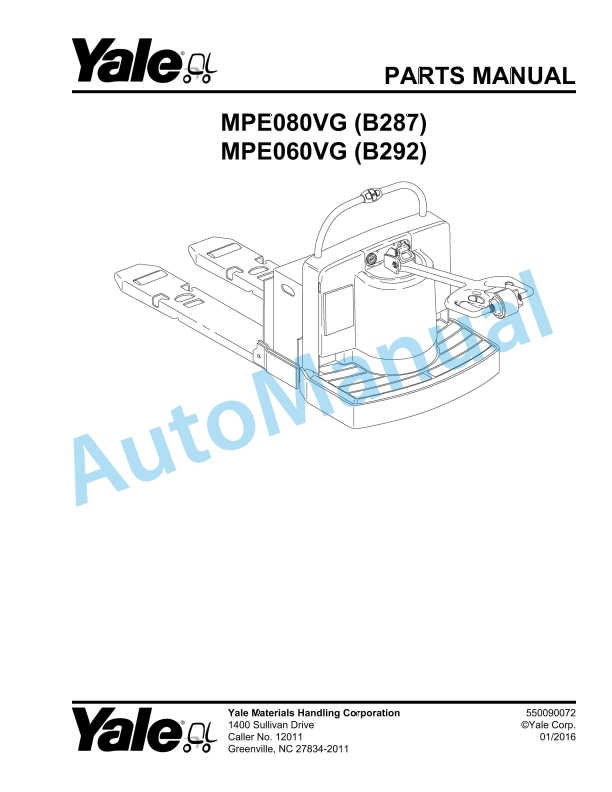 Yale B287 - B292 MPE080VG, MPE060VG Parts Manual 550090072 1 Yale B287 - B292 MPE080VG, MPE060VG Parts Manual 550090072