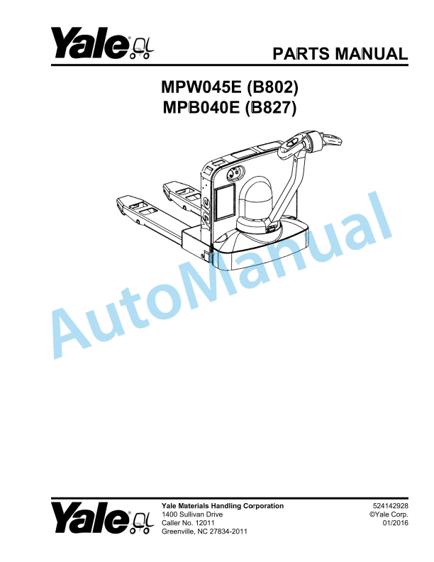 Yale B802 - B827 MPW045E, MPB040E Parts Manual 524142928 1 Yale B802 - B827 MPW045E, MPB040E Parts Manual 524142928