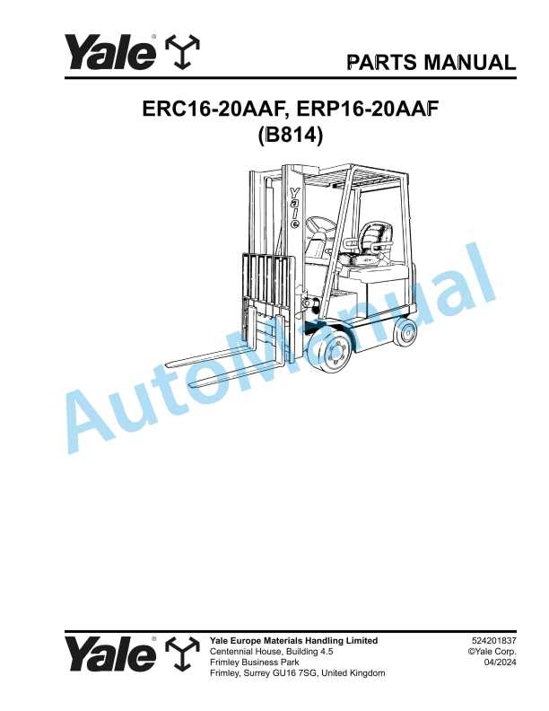 Yale B814 ERC16-20AAF, ERP16-20AAF Parts Manual 524201837 1 Yale B814 ERC16-20AAF, ERP16-20AAF Parts Manual 524201837