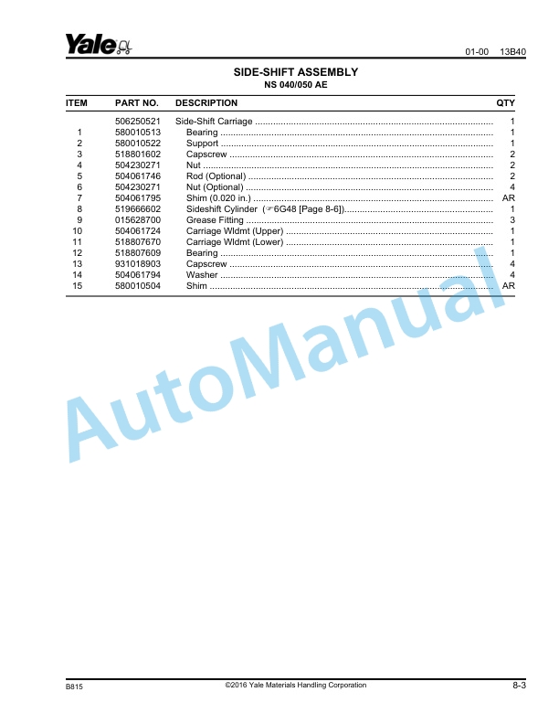 Yale B815 - B816 NDR030AD, NR035AD, NR040AD, NR045AD - NS040AE, NS050AE Parts Manual 520371704 5 Yale B815 - B816 NDR030AD, NR035AD, NR040AD, NR045AD - NS040AE, NS050AE Parts Manual 520371704 - Image 5