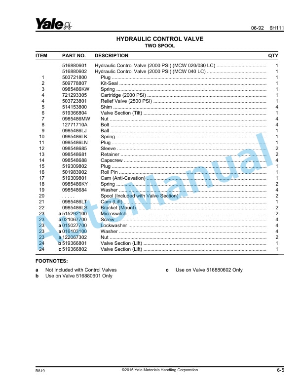 Yale B819 MCW020-040LC Parts Manual 506811505 2 Yale B819 MCW020-040LC Parts Manual 506811505 - Image 2