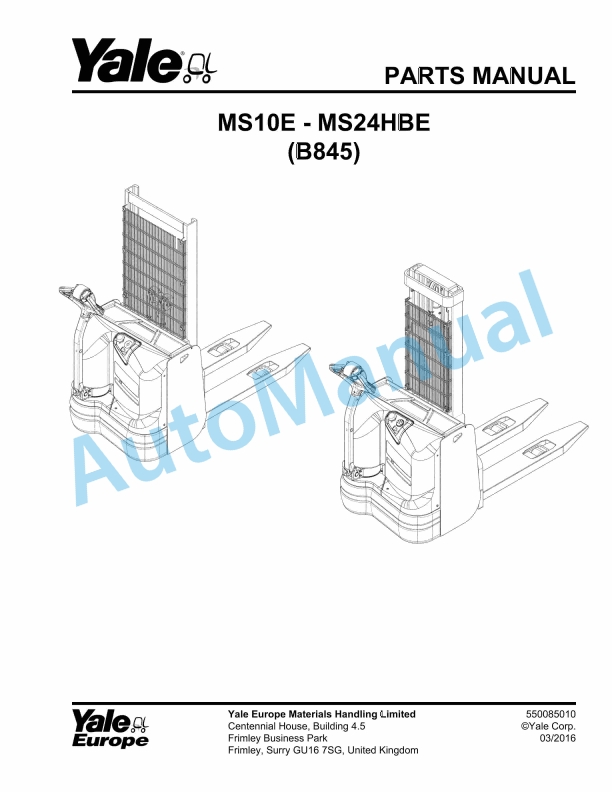 Yale B845 MS10E, MS24HBE Parts Manual 550085010 1 Yale B845 MS10E, MS24HBE Parts Manual 550085010