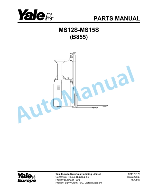 Yale B855 MS12, 15S Parts Manual 524176175 1 Yale B855 MS12, 15S Parts Manual 524176175