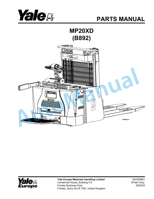 Yale B892 MP20XD Parts Manual 524329961 1 Yale B892 MP20XD Parts Manual 524329961