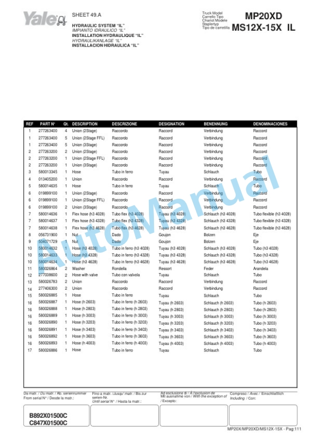 Yale C843 - B892 - C847 MP20X, MP20XD, MS12X, MS15X, MS12X IL, MS15X IL, MS12X SL, MS15X SL Parts Manual 524216287 3 Yale C843 - B892 - C847 MP20X, MP20XD, MS12X, MS15X, MS12X IL, MS15X IL, MS12X SL, MS15X SL Parts Manual 524216287-3