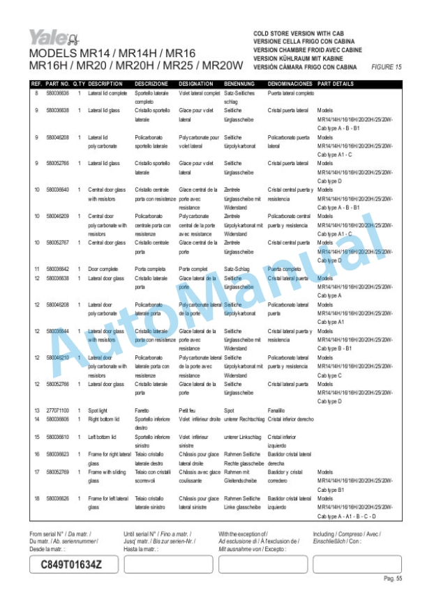 Yale C849 MR14, MR14H, MR16, MR16H, MR20, MR20H, MR25, MR16N, MR20W Parts Manual 524158718 5 Yale C849 MR14, MR14H, MR16, MR16H, MR20, MR20H, MR25, MR16N, MR20W Parts Manual 524158718-5