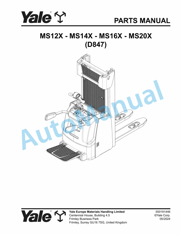 Yale D847 MS12X, MS14X, MS16X, MS20X Parts Manual 550191446 1 Yale D847 MS12X, MS14X, MS16X, MS20X Parts Manual 550191446
