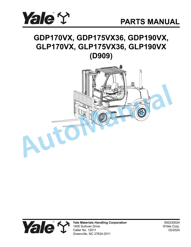 Yale D909 GDP170VX, GDP175VX36, GDP190VX, GLP170VX, GLP175VX36, GLP190VX Parts Manual 550230024 1 Yale D909 GDP170VX, GDP175VX36, GDP190VX, GLP170VX, GLP175VX36, GLP190VX Parts Manual 550230024