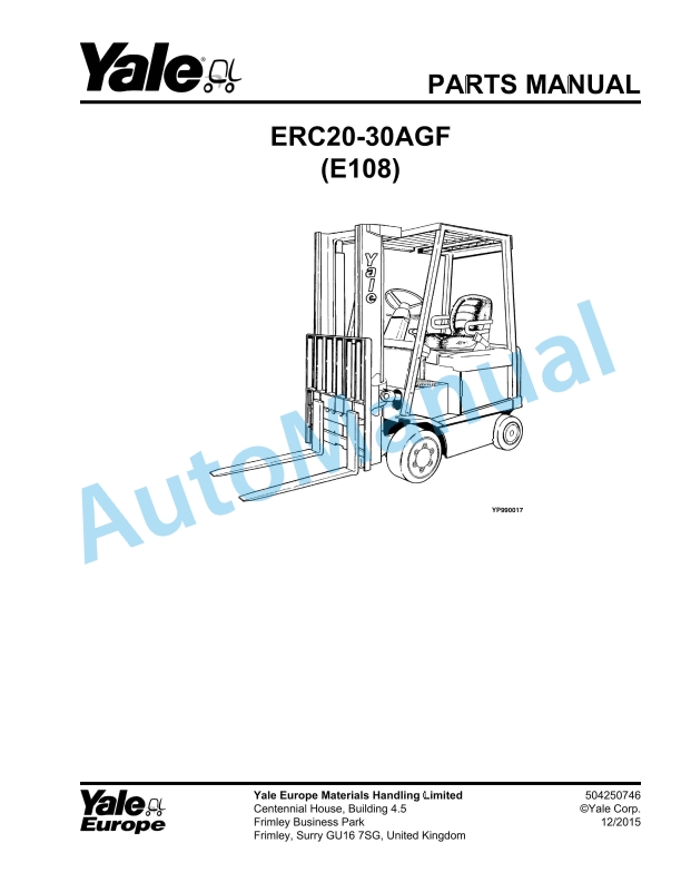 Yale E108 ERC20-30AGF Parts Manual 504250746 1 Yale E108 ERC20-30AGF Parts Manual 504250746