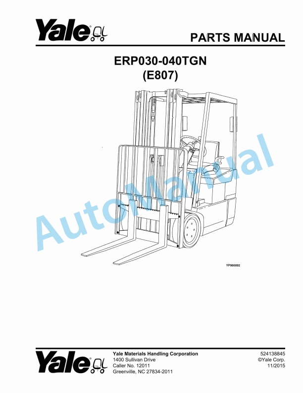Yale E807 ERP030-040TGN Parts Manual 524138845 1 Yale E807 ERP030-040TGN Parts Manual 524138845