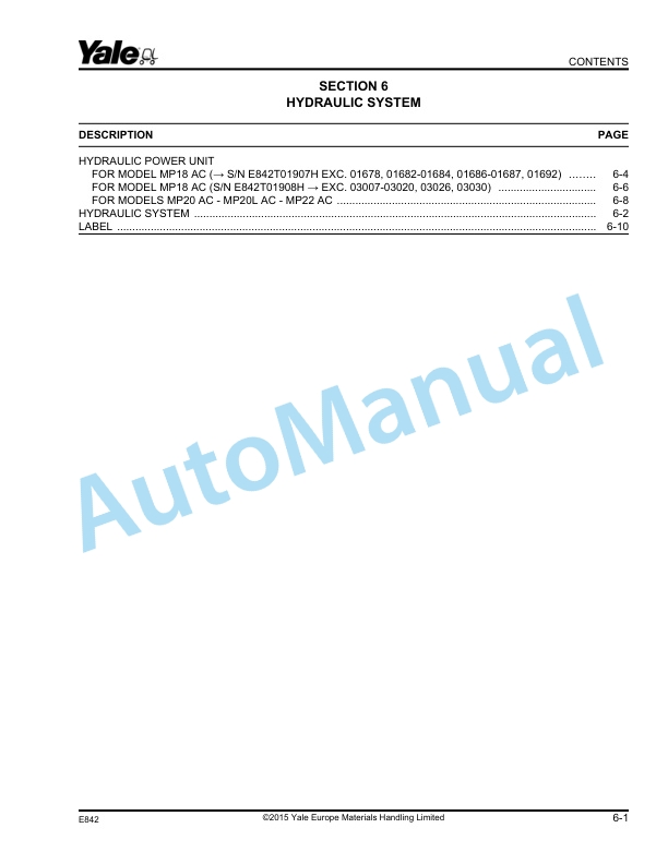 Yale E842 MP18 AC, MP20 AC, MP20L AC, MP22 AC Parts Manual 524301819 4 Yale E842 MP18 AC, MP20 AC, MP20L AC, MP22 AC Parts Manual 524301819 - Image 4