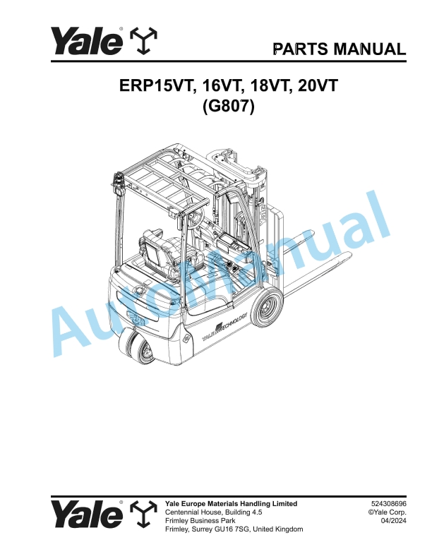 Yale G807 ERP15VT, 16VT, 18VT, 20VT Parts Manual 524308696 1 Yale G807 ERP15VT, 16VT, 18VT, 20VT Parts Manual 524308696