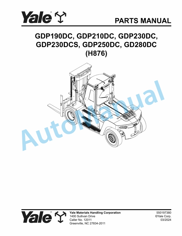 Yale H876 GDP190DC, GDP210DC, GDP230DC, GDP230DCS, GDP250DC, GD280DC Parts Manual 550197380 1 Yale H876 GDP190DC, GDP210DC, GDP230DC, GDP230DCS, GDP250DC, GD280DC Parts Manual 550197380