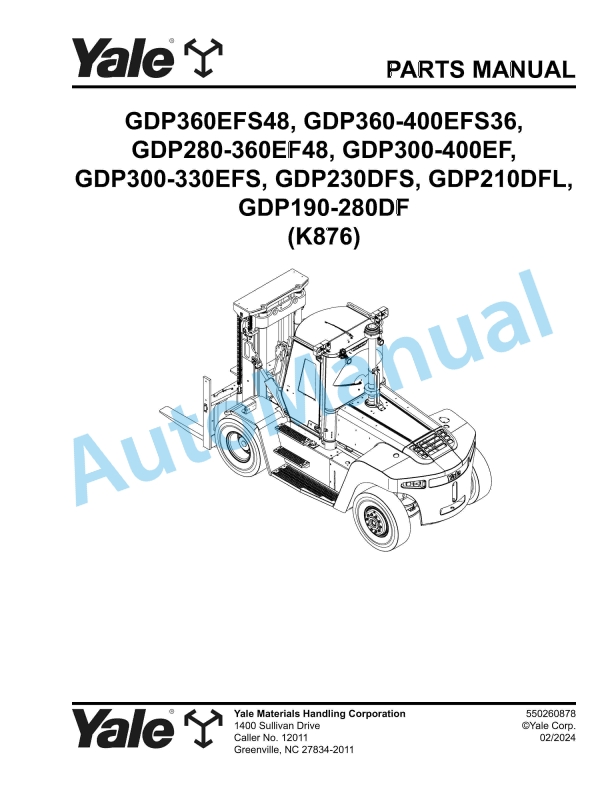 Yale K876 GDP360EFS48 to GDP190-280DF Parts Manual 550260878 1 Yale K876 GDP360EFS48 to GDP190-280DF Parts Manual 550260878