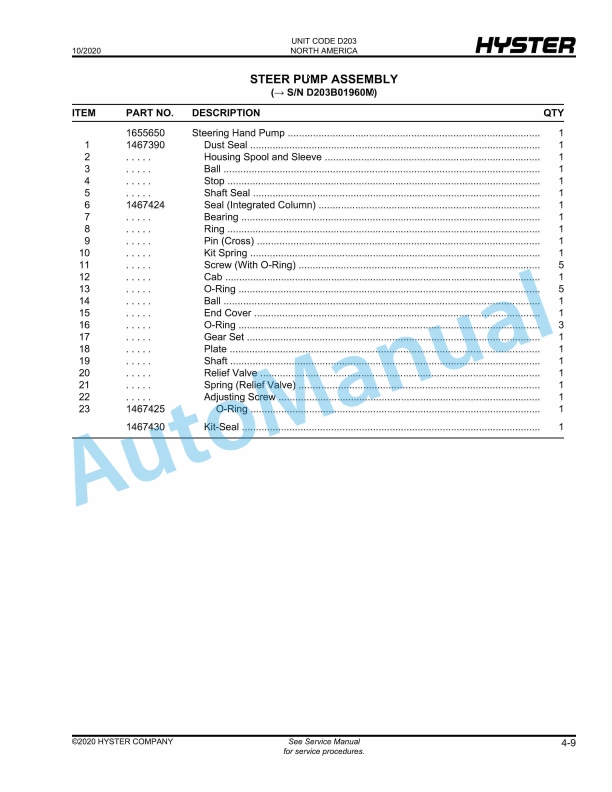Alternative view of Hyster A25XNT, A30NXT (D203) Parts Manual