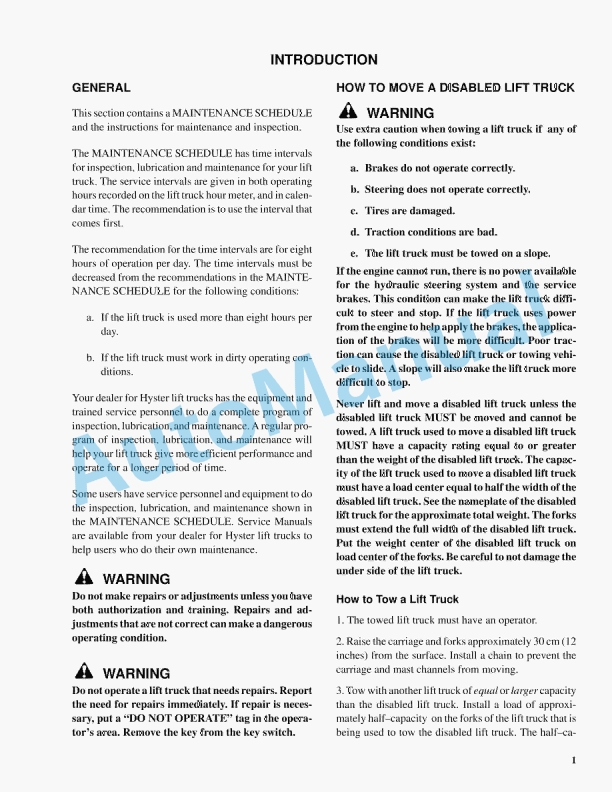 Hyster C098 (E3.50-5.50XL, E4.50XLS) Maintenance Schedule