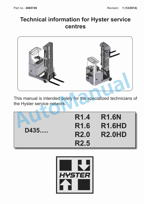 Hyster D435 (R1.4, R1.6, R1.6HD, R1.6N, R2.0, R2.0HD, R2.5) Service Manual