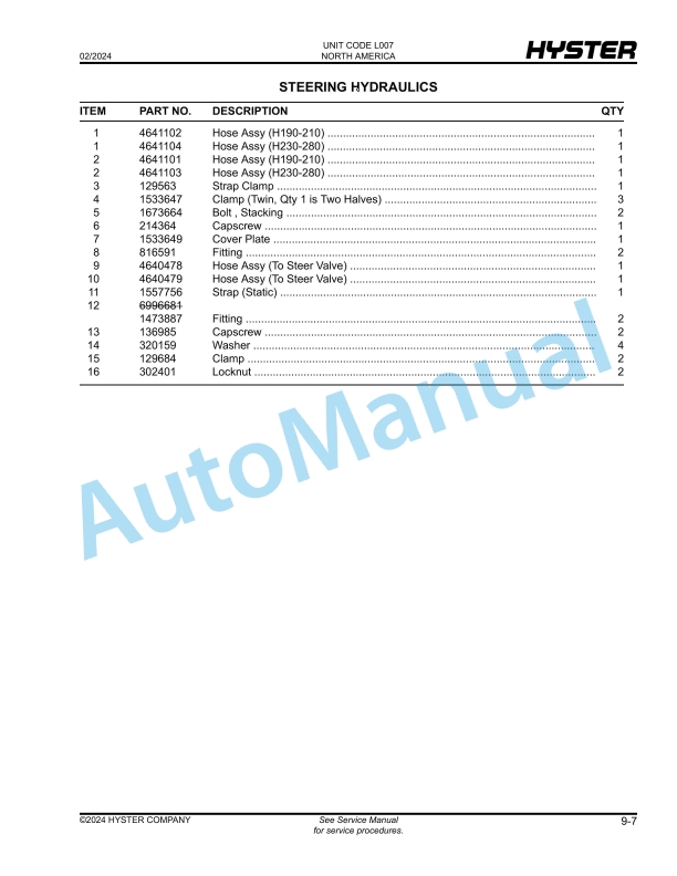 Hyster H190HD2, H210HD2, H230HD2, H230HDS2, H250HD2, H280HD2 (L007) Parts Manual 3 Hyster H190HD2, H210HD2, H230HD2, H230HDS2, H250HD2, H280HD2 (L007) Parts Manual - Image 3