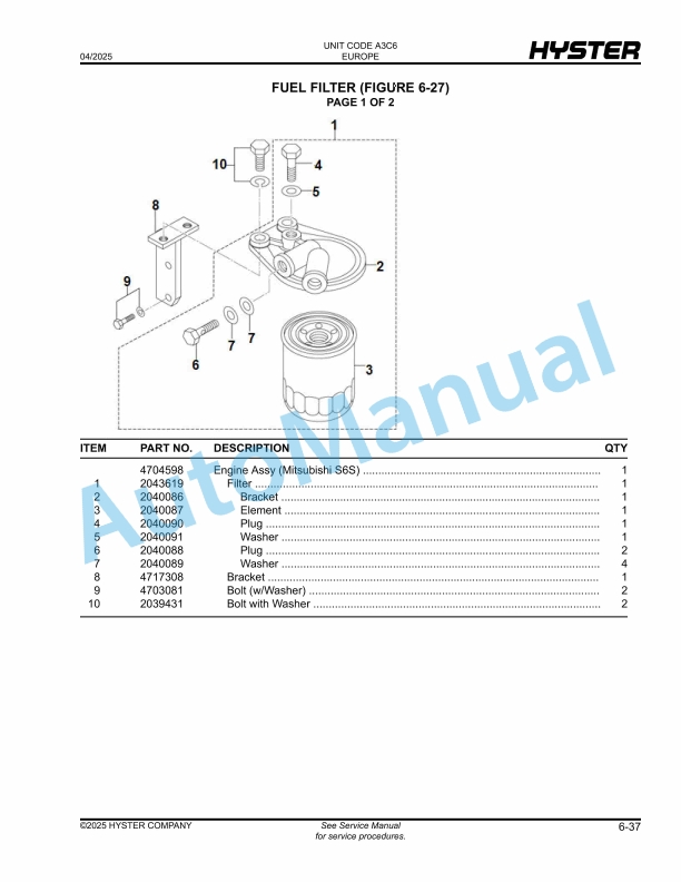 Hyster H4.0UT, H4.5UT, H5.0UT, H5.0UTS6 (A3C6) Parts Manual 2 Hyster H4.0UT, H4.5UT, H5.0UT, H5.0UTS6 (A3C6) Parts Manual - Image 2