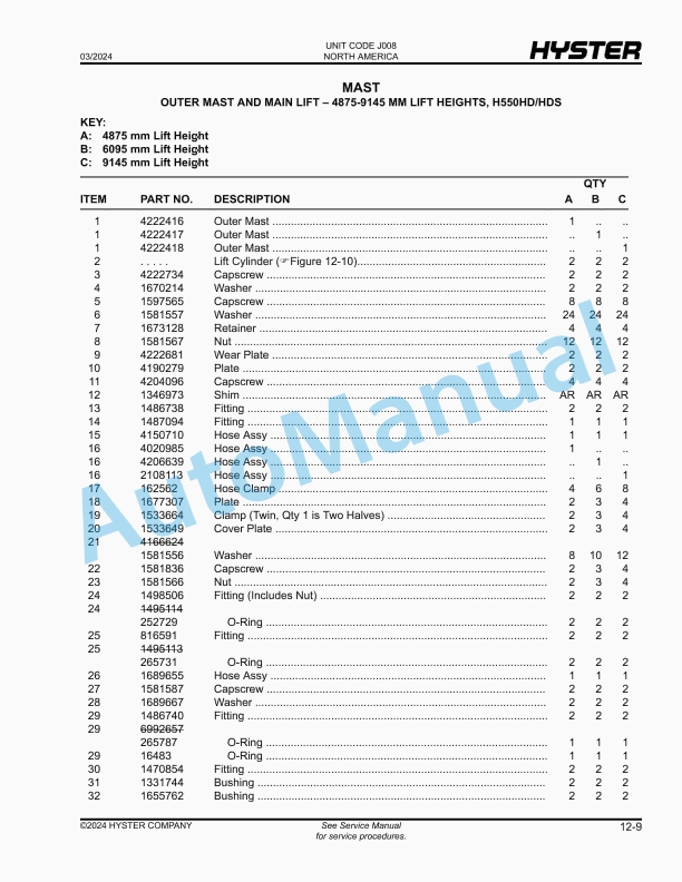 Hyster H550XD48, H620XD48, H650XD48, H700XD48, H550XDS36, H650XDS36, H700XDS36 (J008) Parts Manual 5 Hyster H550XD48, H620XD48, H650XD48, H700XD48, H550XDS36, H650XDS36, H700XDS36 (J008) Parts Manual - Image 5