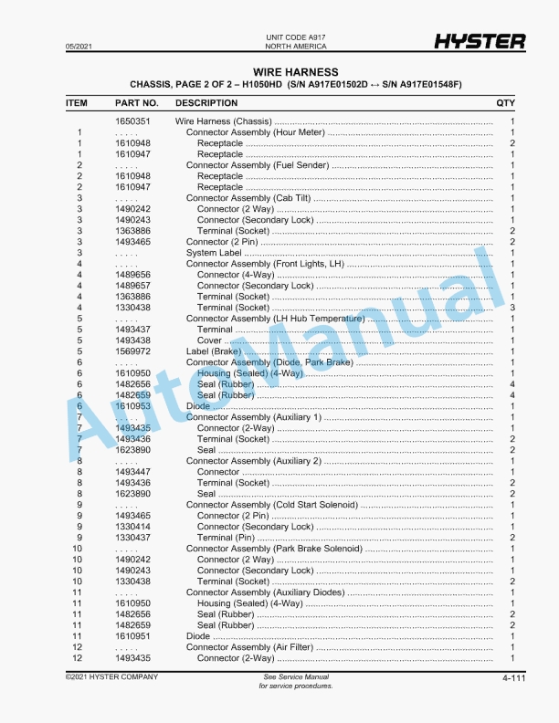 Hyster H800-900-1050HD, H800-900-970-1050HDS (A917) Parts Manual 2 Hyster H800-900-1050HD, H800-900-970-1050HDS (A917) Parts Manual - Image 2